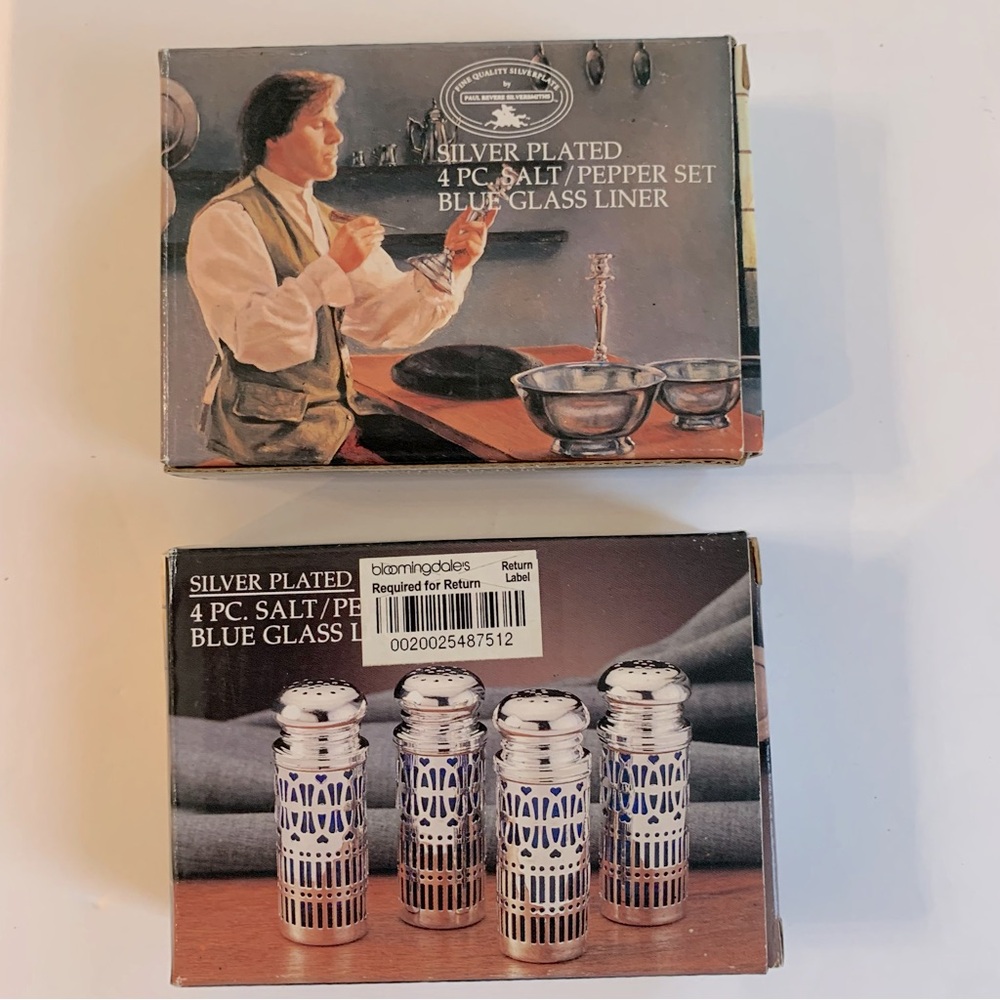 Paul Revere NWT (2 boxes) Silver Plated 4 Piece Salt/Pepper Set Blue Glass Liner